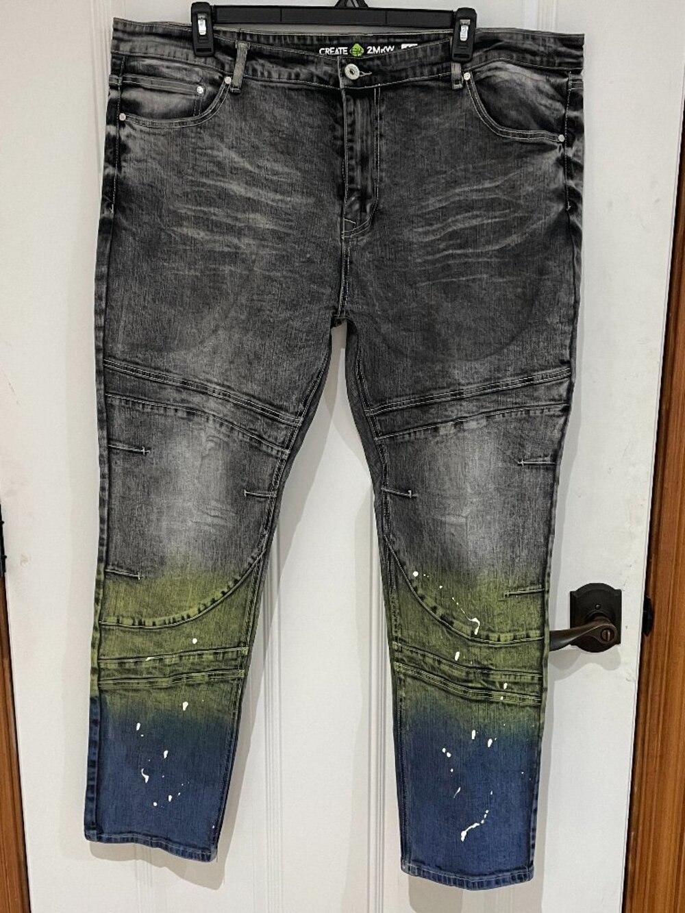 CREATE 2MRW Slim Fit Tapered Mens 44x32 Distressed Painted Ombré Denim Jeans NEW